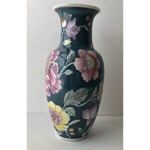 10" Vase Chinese Oriental Painted Green/ Pink/Yellow/Lilac Floral Jar Porcelain